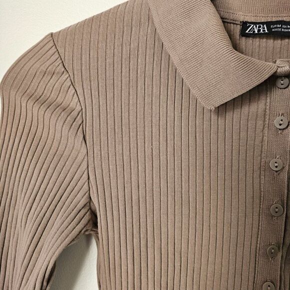 EUC ZARA TAUPE / TAN RIBBED HALF BUTTONED BODYSUIT LONGSLEEVES SIZE M - Picture 6 of 12